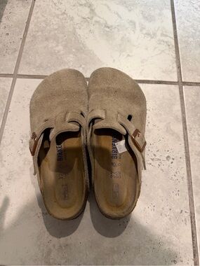 Birkenstock Suede Boston Clogs in Taupe Beige